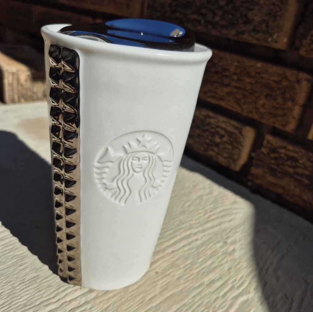 Starbucks 2014 White Silver Studded Travel Ceramic Tumbler with Lid 10oz